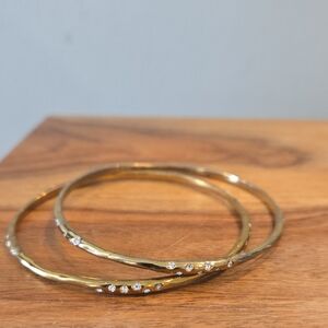 Elegant Gold Bangle Set with Silver Crystal Accents Two Bracelets